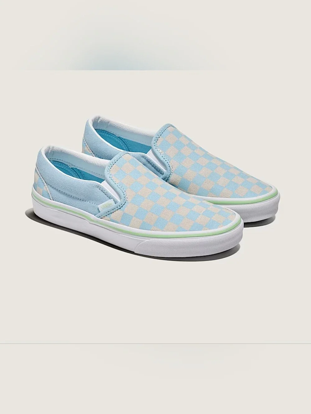 NEW Vans Classic Slip-On Crystal Blue Checkerboard Lime Green Suede M 8.5 W 10
